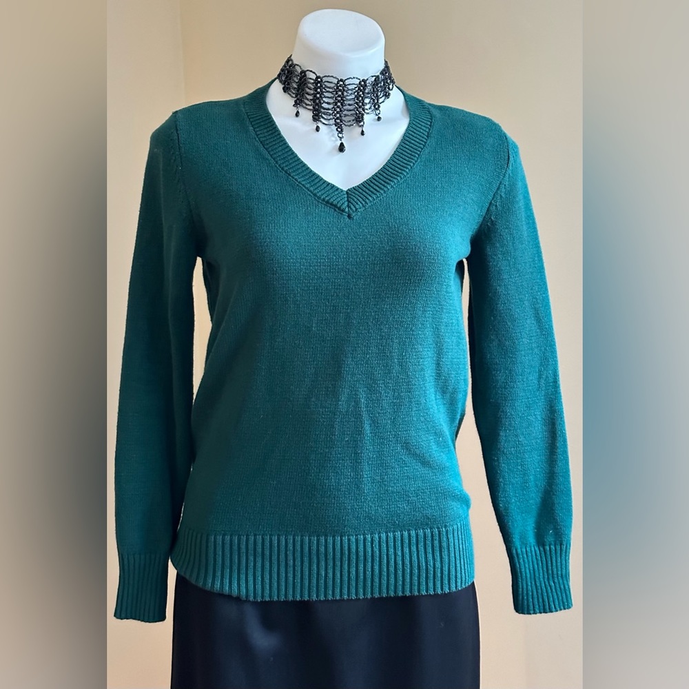Karen Scott Hunter Green V Neck Long Sleeves 100 % Cotton Sweater SZ S
